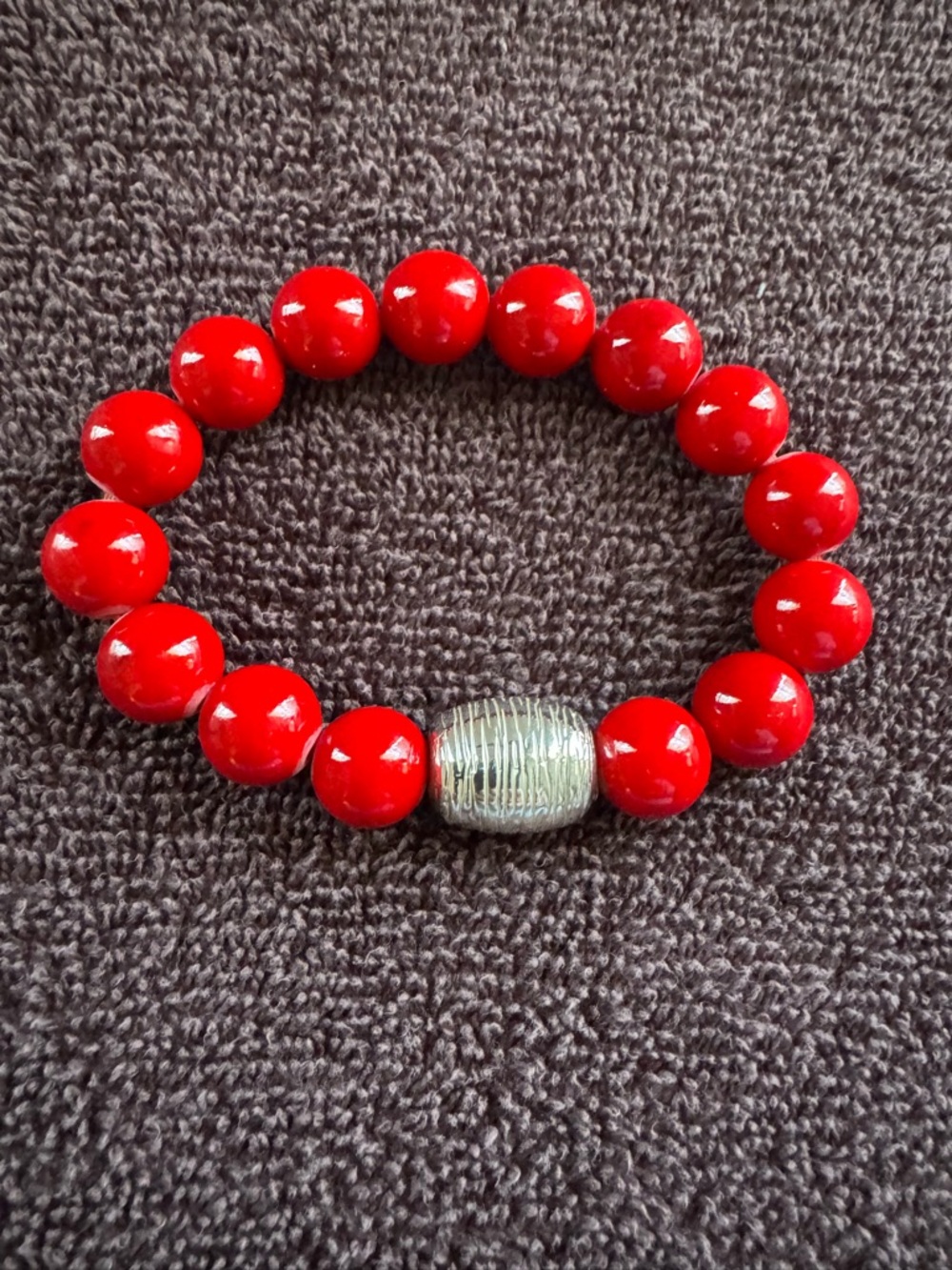 Red Beaded Stretch Bracelet with Silver Accent